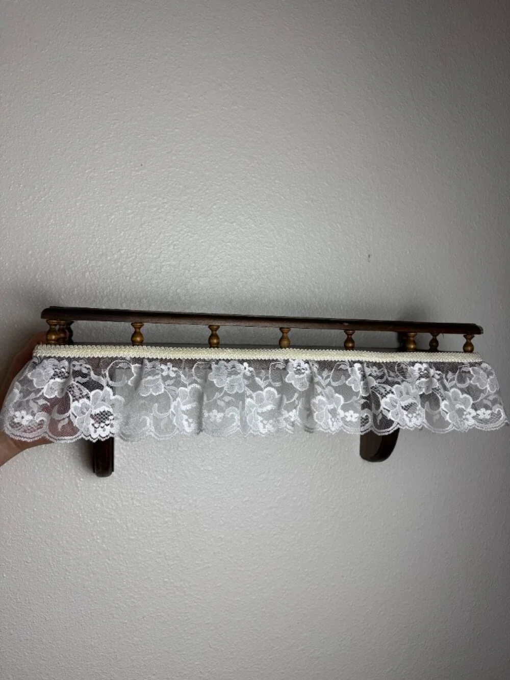 Vintage Farmhouse Wooden Wall Shelf with Lace Trim Cottage Chic Display Shelf